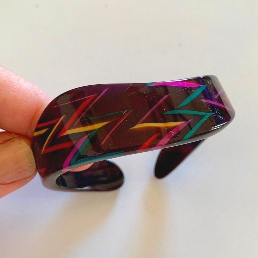 Acetate Cuff Bracelet Zig Zag Multi Color Geometric Abstract Plum Purple